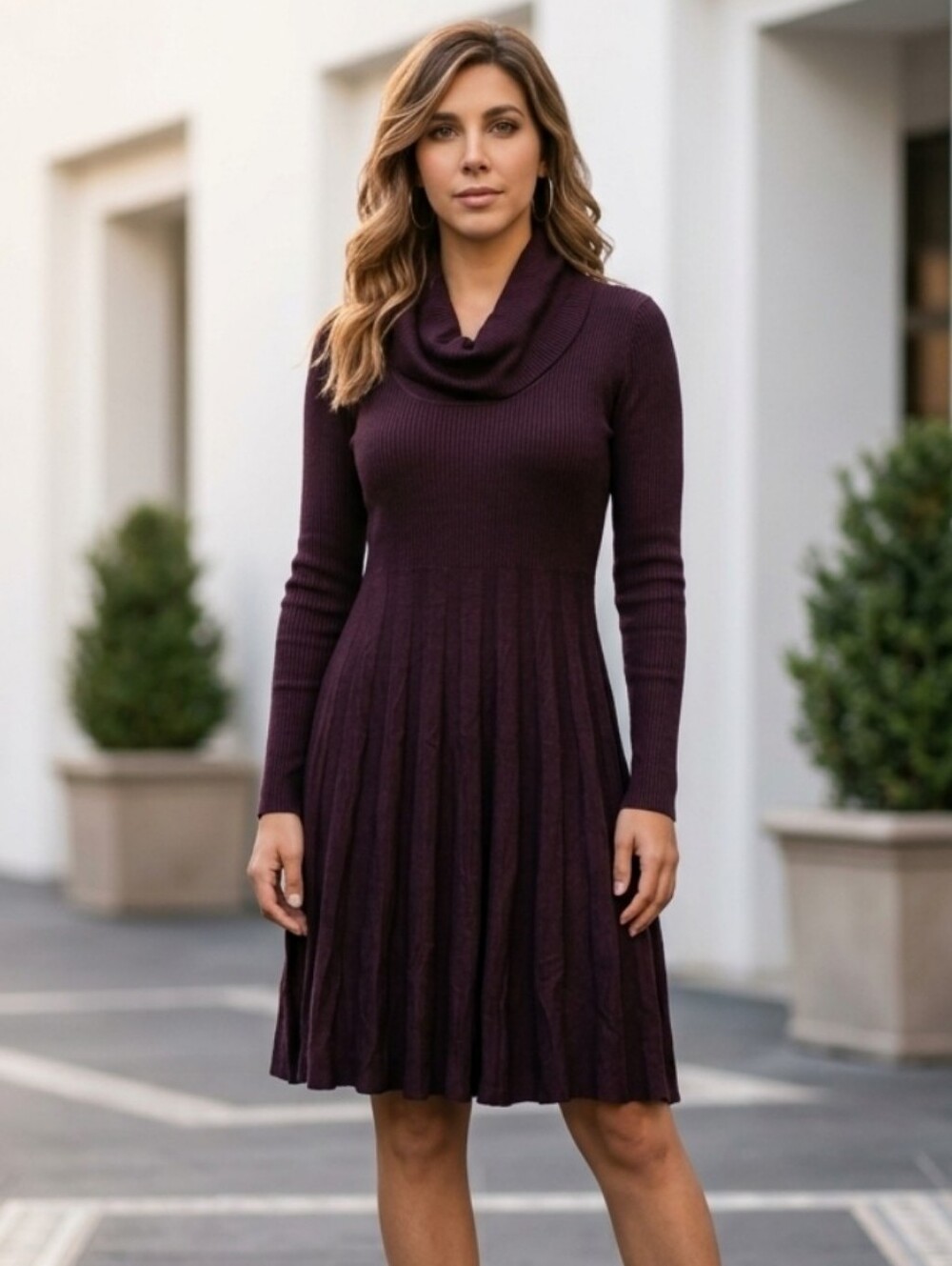 Calvin Klein Cowl Neck Long Sleeve Sweater Dress - Burgundy